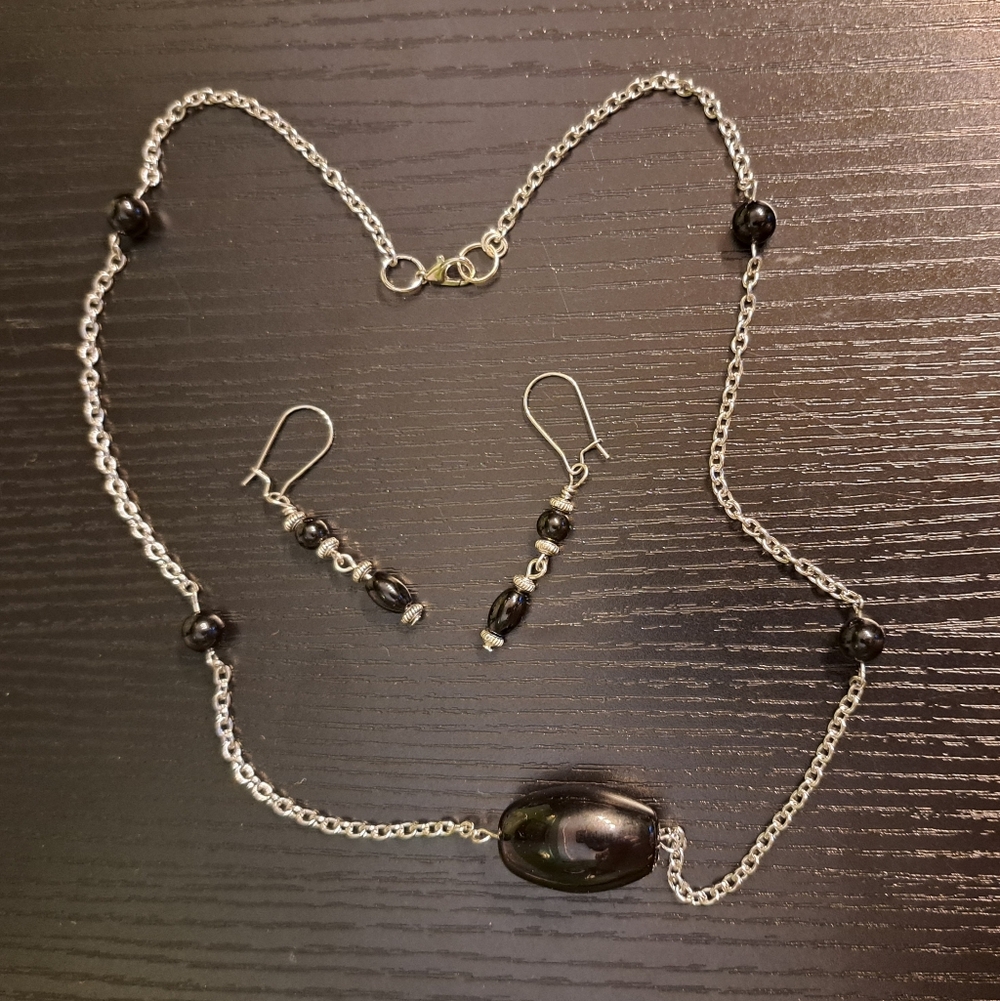 Large Focal Bead Natural Black Onxy Bead Necklace & Earring Set/ Stainless Steel